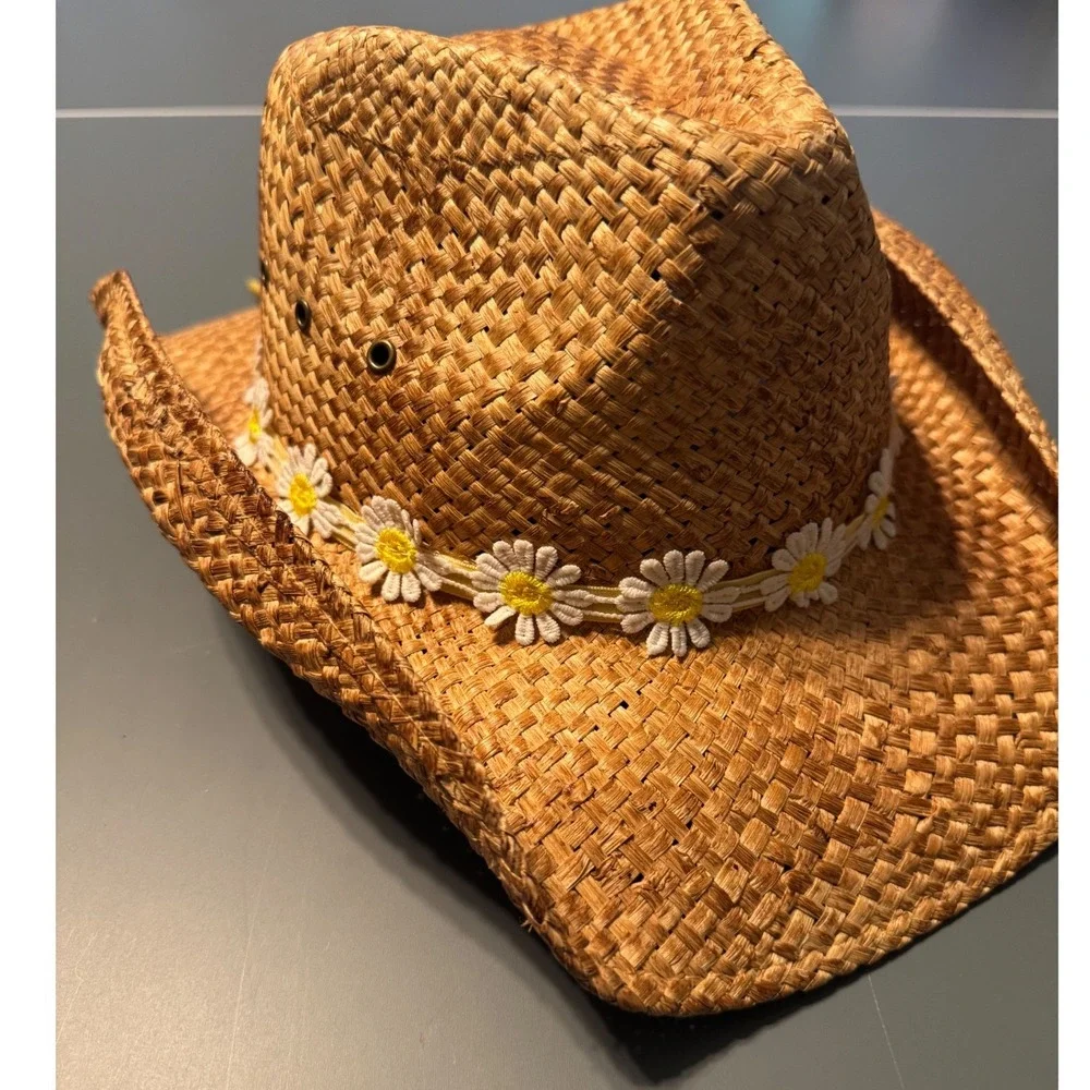 Shyanne Womens Straw Cowboy Hat Brown Daisy Floral Trim Western Boho OS